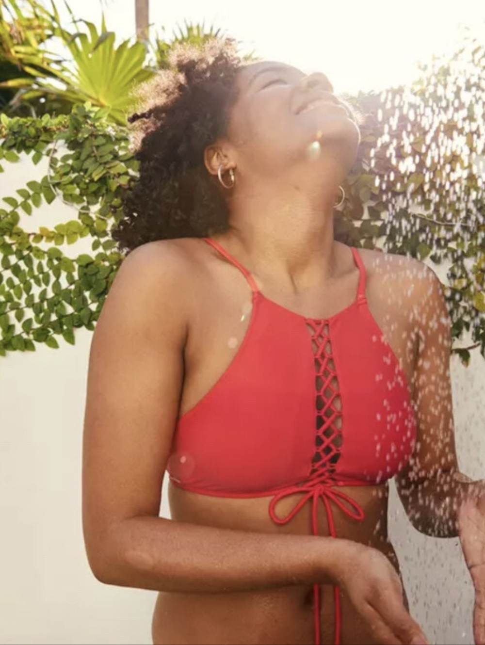 aerie Coral Lace-Up High Neck Bikini Top with Tie Front